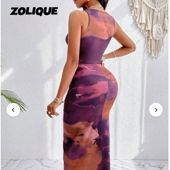 Shein Tie Dye Allover Print Twist Knot Cutout Ruched Wrap Bodycon Dress - Picture 5 of 5